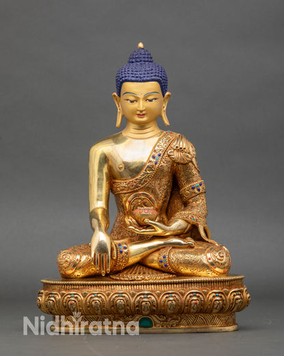 Front view of the Shakyamuni Buddha statue, gold-gilded copper lotus pedestal, Nepal