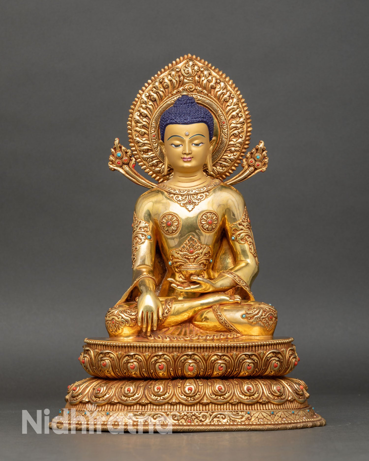 Front view Shakyamuni Buddha statue gold gilded copper lotus pedestal