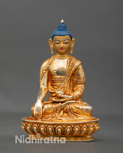 Front view of Shakyamuni Buddha statue gold gilded copper Nepal handmade shrine decor meditation altar
