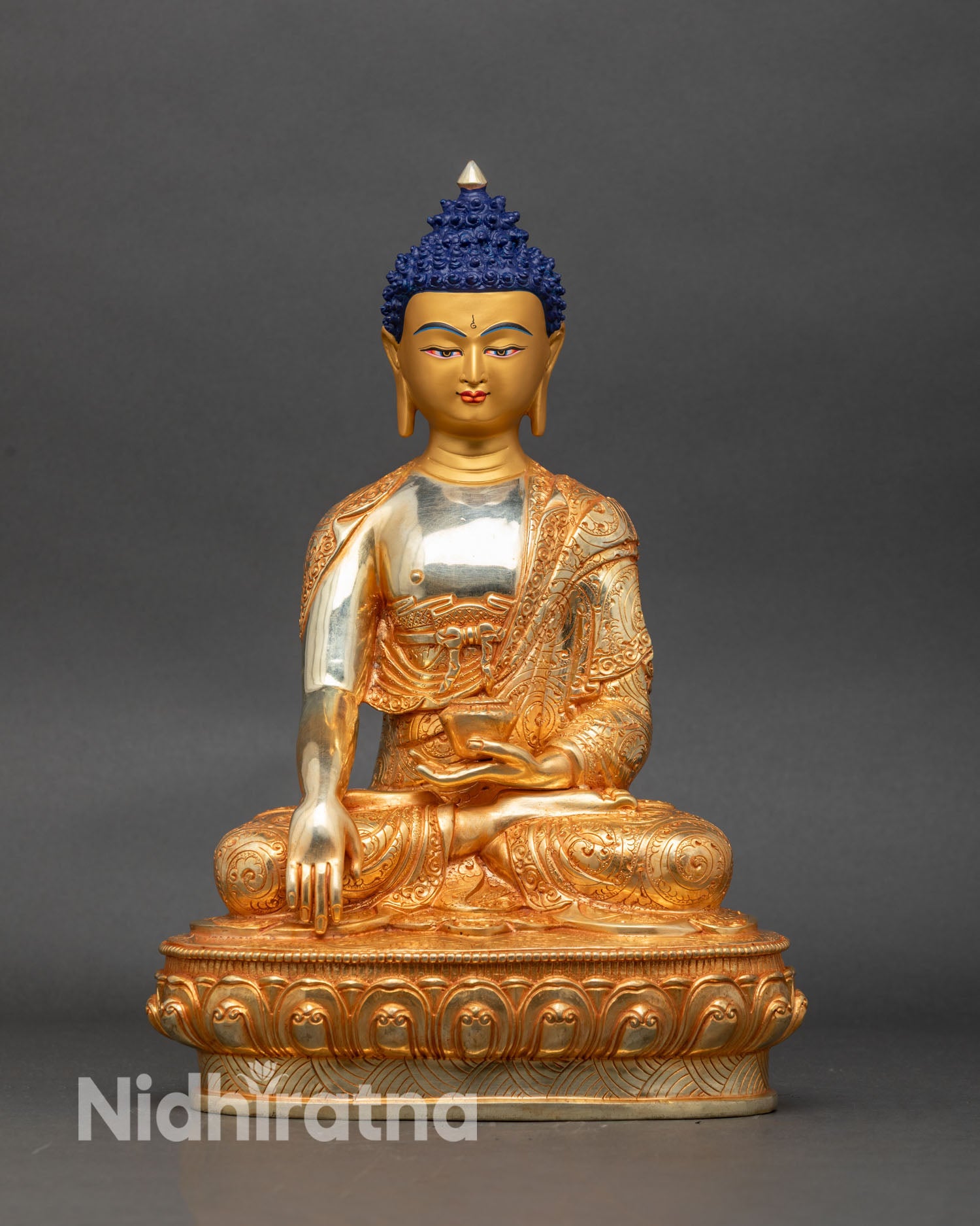 Front view of Shakyamuni Buddha statue hand-painted gold gilded copper Nepalese meditation
