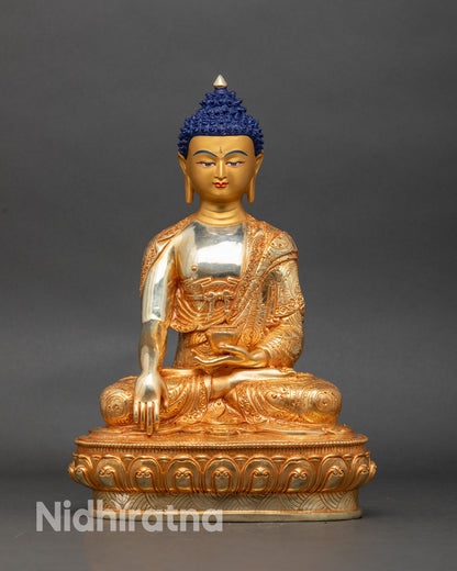 Front view of Shakyamuni Buddha statue hand-painted gold gilded copper Nepalese meditation
