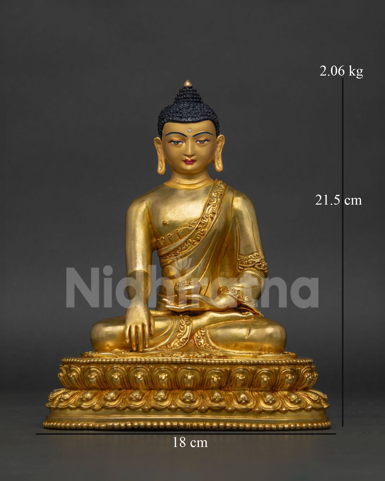 Front view of Shakyamuni Buddha statue handcrafted by Newari artisans in Patan Nepal.