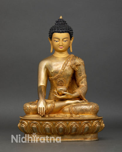 Front view of Shakyamuni Buddha statue handcrafted copper gold gilded face lotus pedestal