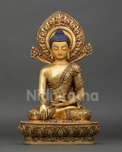 Front view of Shakyamuni Buddha statue handcrafted Nepal copper lost wax 24K fire gilded gold gold painted face, Himalayan Buddhist sacred art
