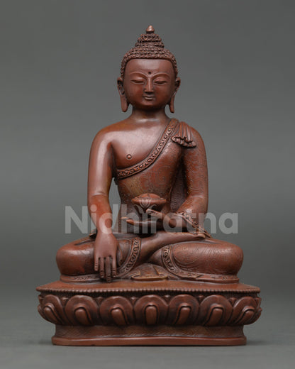 Front view of Shakyamuni Buddha statue handcrafted Nepal copper oxidized finish, Bhumisparsha mudra meditation altar sacred Buddhist sculpture