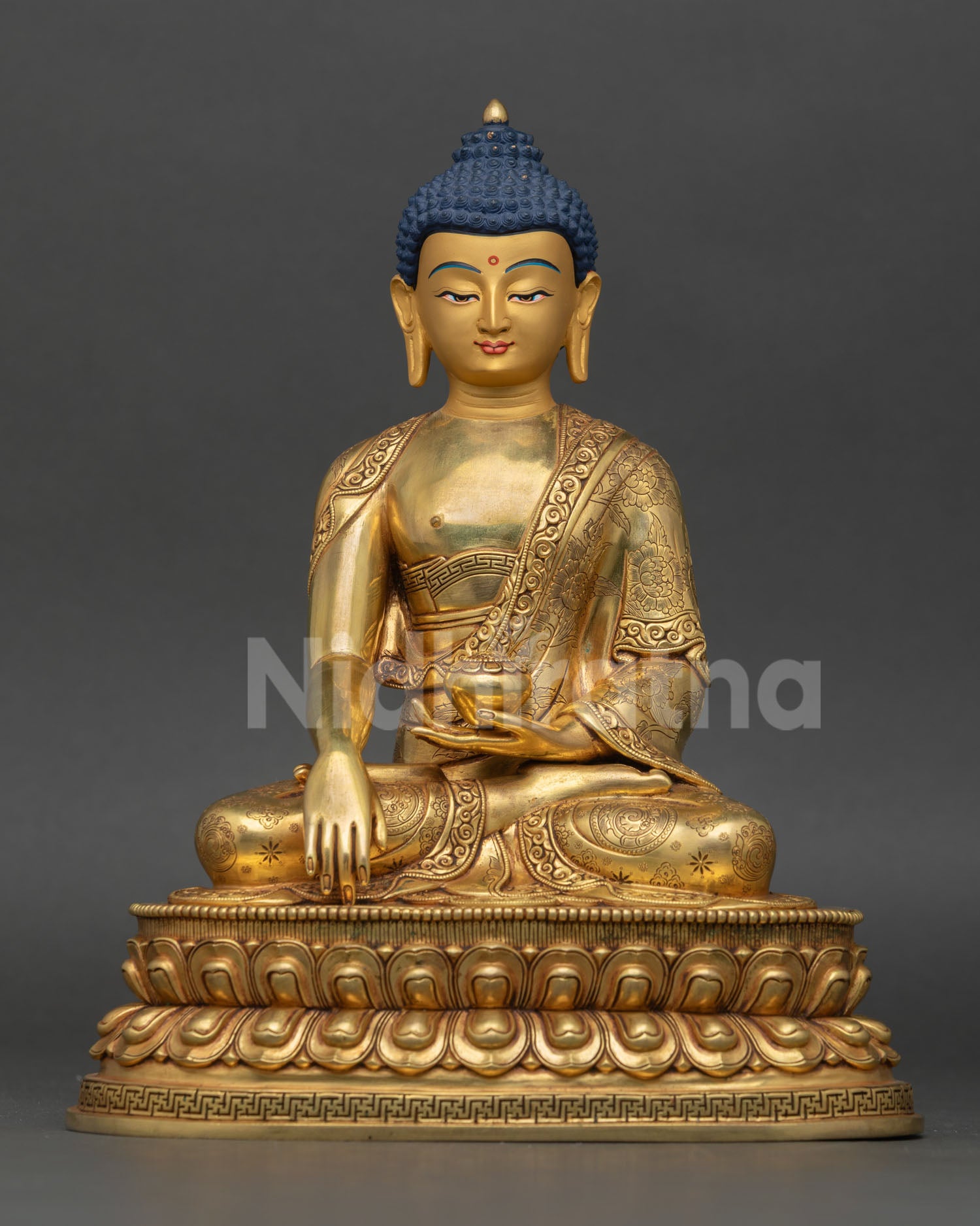 Front view of Shakyamuni Buddha statue handcrafted Nepal copper sculpture 24K gold fire gilding double lotus pedestal bhumisparsha mudra meditation altar decor