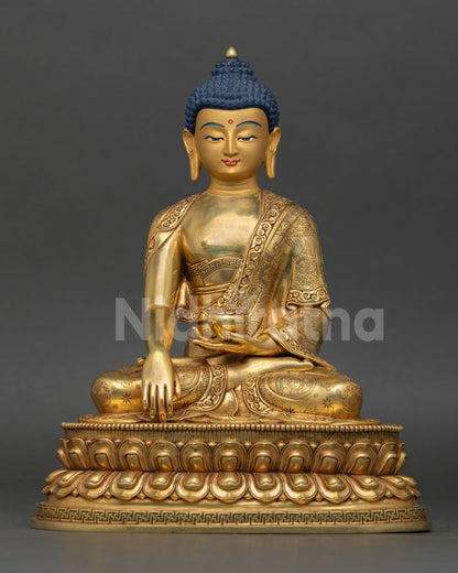 Front view of Shakyamuni Buddha statue handcrafted Nepal copper sculpture 24K gold fire gilding double lotus pedestal bhumisparsha mudra meditation altar decor