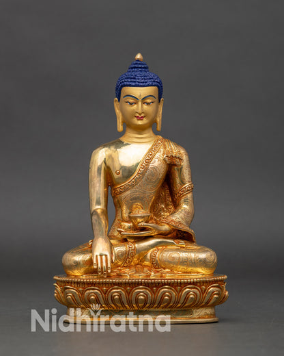 Front view of Shakyamuni Buddha statue, handcrafted Nepalese copper figure