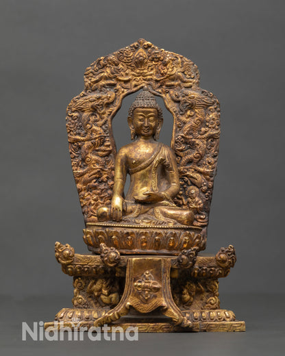 Front view of Shakyamuni Buddha statue handmade copper sculpture gold fire gilded antique finish