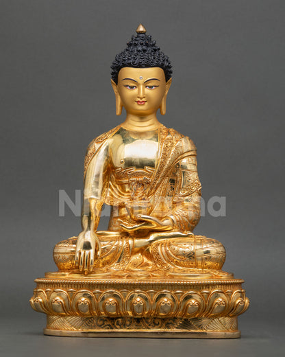 Front view of Shakyamuni Buddha statue handmade in Nepal by Newari artist copper sculpture with 24K gold gilding for altar decor