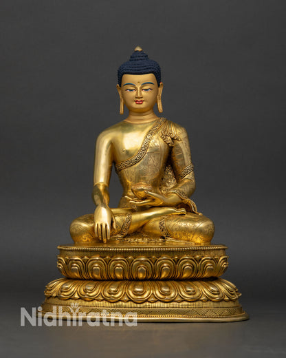 Front view Shakyamuni Buddha statue Nepal copper earth witness gesture lotus pedestal meditation altar decor
