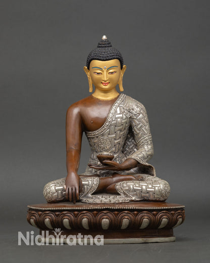 Front view of Shakyamuni Buddha statue oxidized silver plated copper lotus pedestal