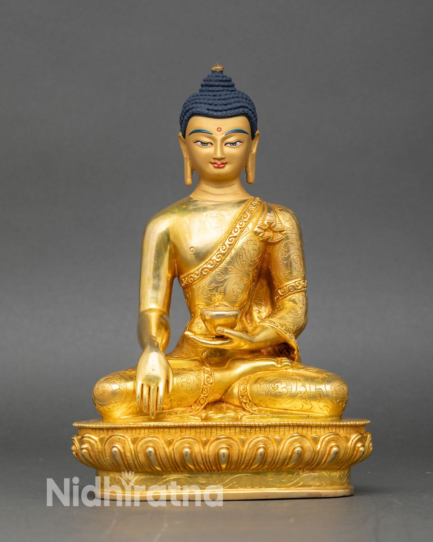 Front view Siddhartha Gautama Buddha statue gold gilded copper Nepalese craftsmanship
