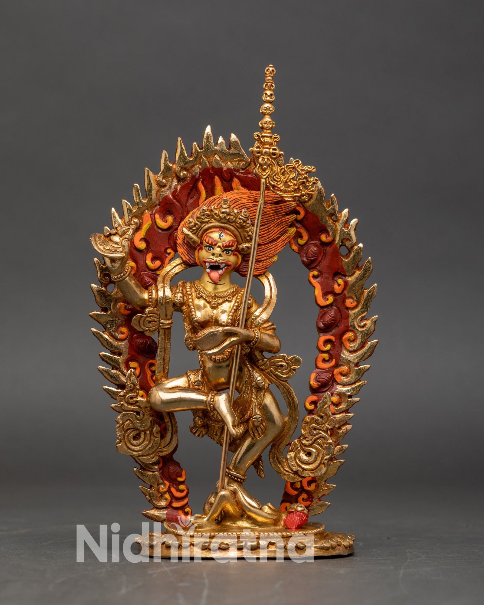 Front view Simha Mukha statue gold gilded Lion Face Dakini Nepal handmade Buddhist sculpture