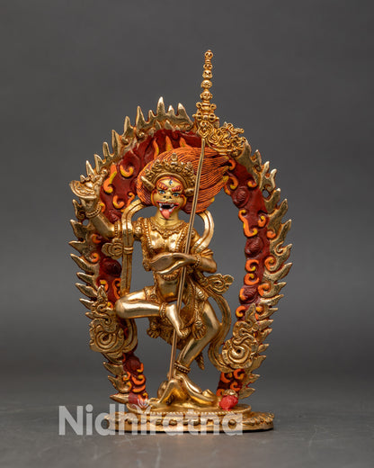 Front view Simha Mukha statue gold gilded Lion Face Dakini Nepal handmade Buddhist sculpture