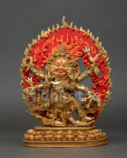 Front view of Six Armed Mahakala statue handcrafted in copper with 24k gold fire gilding fierce expression and lotus pedestal for Tibetan Buddhist altar