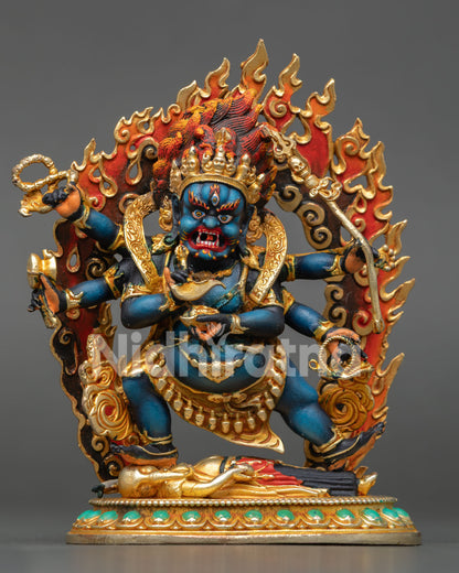 Front view of Six Armed Mahakala statue handcrafted in Nepal copper with gold plated finish and flaming wisdom halo for Buddhist altar