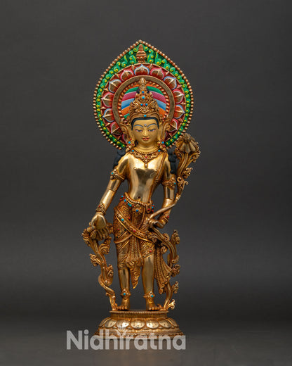 front view standing avalokiteshvara statue 24k gold gilded copper bodhisattva compassion buddha nepal prabhavali