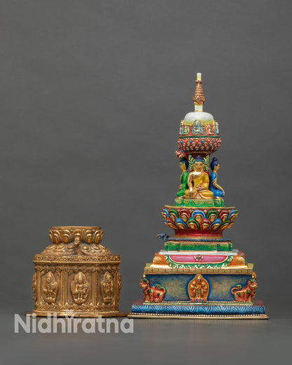 Front view of Stupa with Dharma Dhatu handcrafted by Newari artisans from Patan in copper with gold gilded sacred Buddhist monument details.
