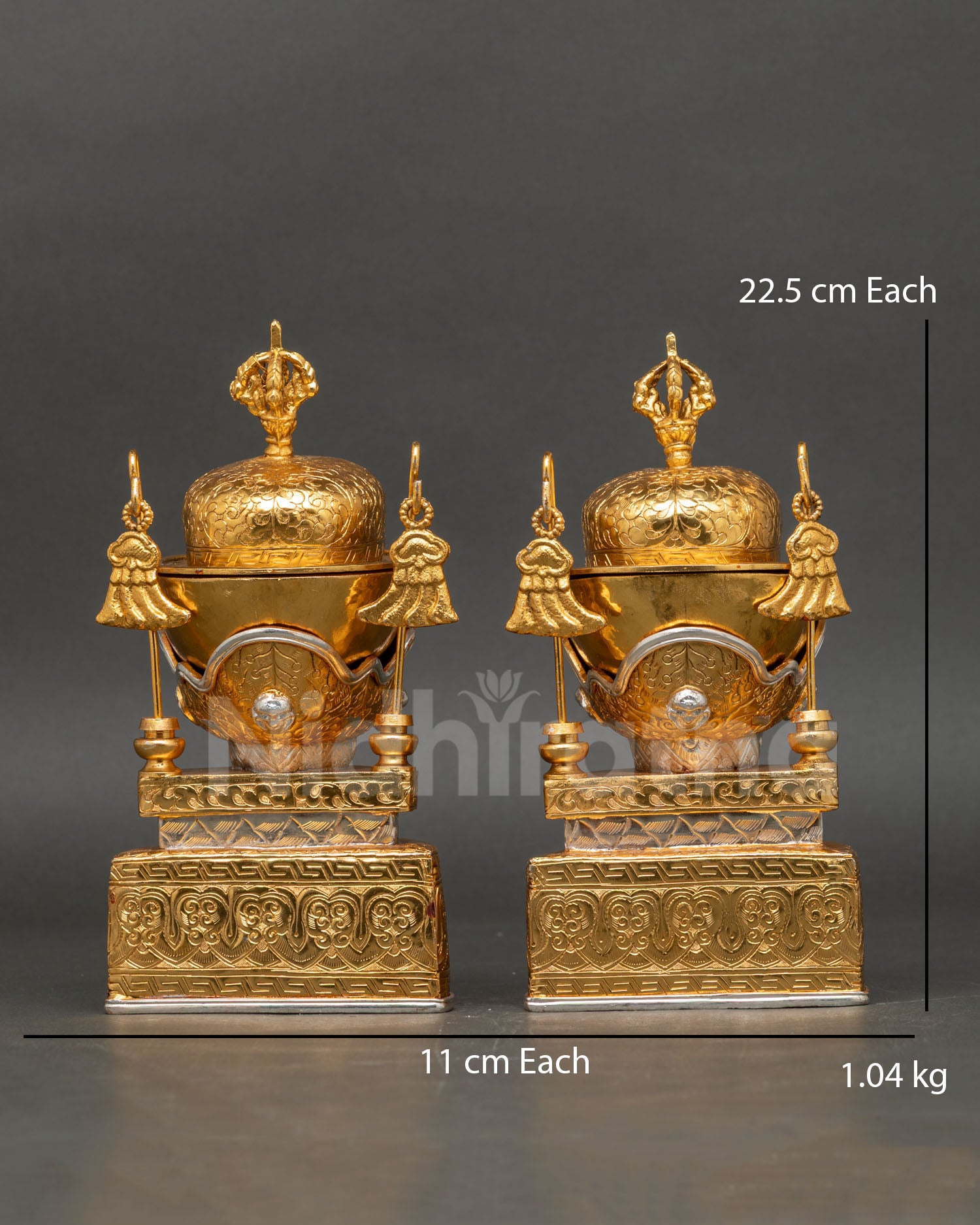 Front view Tantric Kapala Set handcrafted in copper with gold plated detailing featuring Tibetan Buddhist skull cups