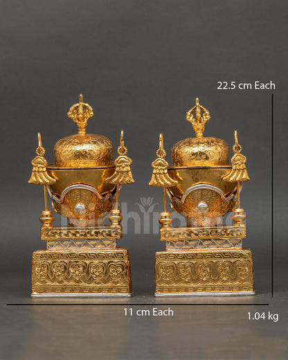 Front view Tantric Kapala Set handcrafted in copper with gold plated detailing featuring Tibetan Buddhist skull cups
