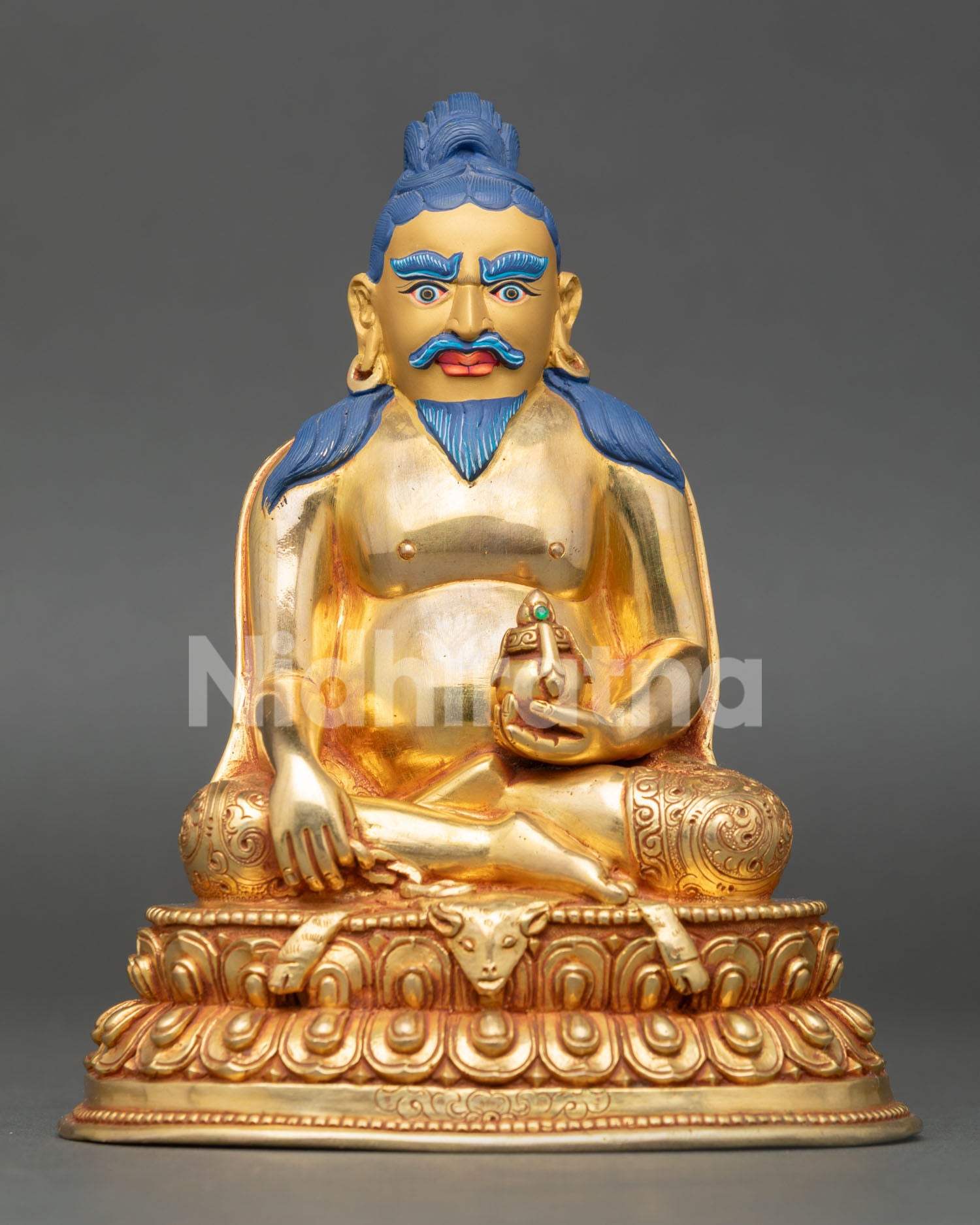 Front view of Thangtong Gyalpo statue, handcrafted in Nepal copper lost wax 24K fire gilded gold, Iron Bridge Builder Tibetan Mahasiddha sacred Buddhist art