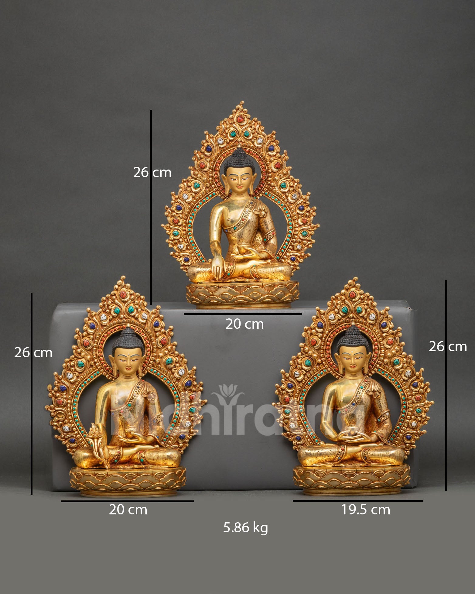 Front view Three Buddha Statue Set Shakyamuni, Amitabha Medicine, Buddha gold gilded copper