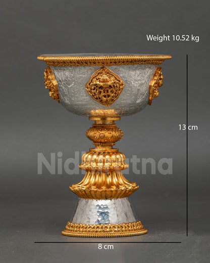 Front view of Tibetan butter lamp handcrafted in copper with gold and silver plated finish, featuring sacred Buddhist ritual oil lamp for daily offerings and altar use