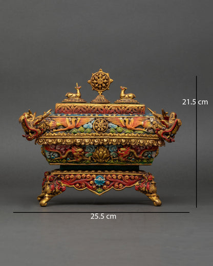Front view Tibetan incense burner 24K gold plated copper with Dharma Wheel design