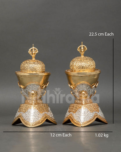 Front view of Tibetan Kapala Set handcrafted in copper with gold and silver plated detailing featuring sacred skull cup offering vessels