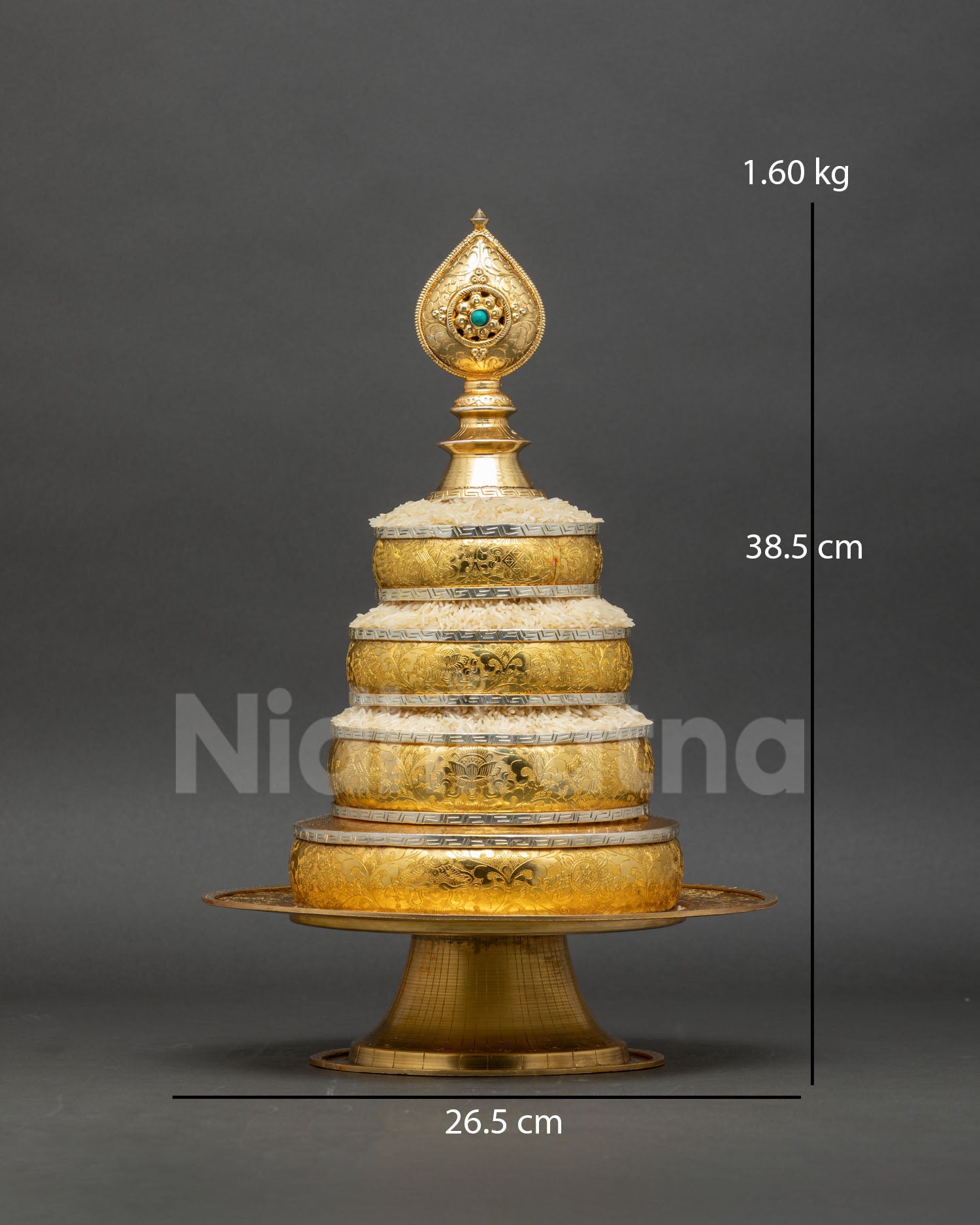 Front view tibetan mandala offering set gold and silver plated copper with turquoise finial