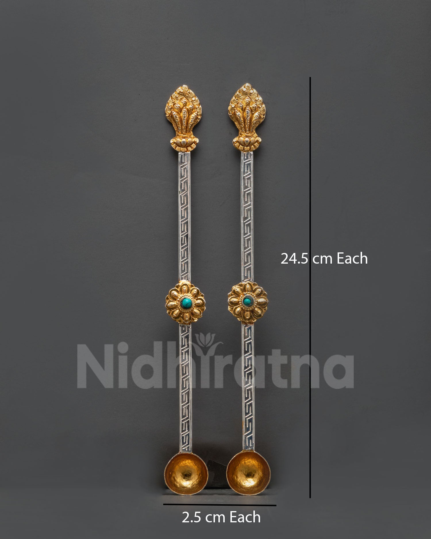 Front view tibetan ritual offering spoons, handcrafted copper silver toned handle gold gilded, buddhist altar tool