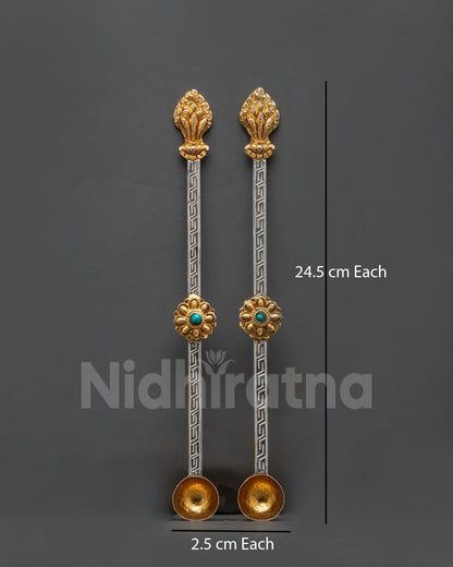 Front view tibetan ritual offering spoons, handcrafted copper silver toned handle gold gilded, buddhist altar tool