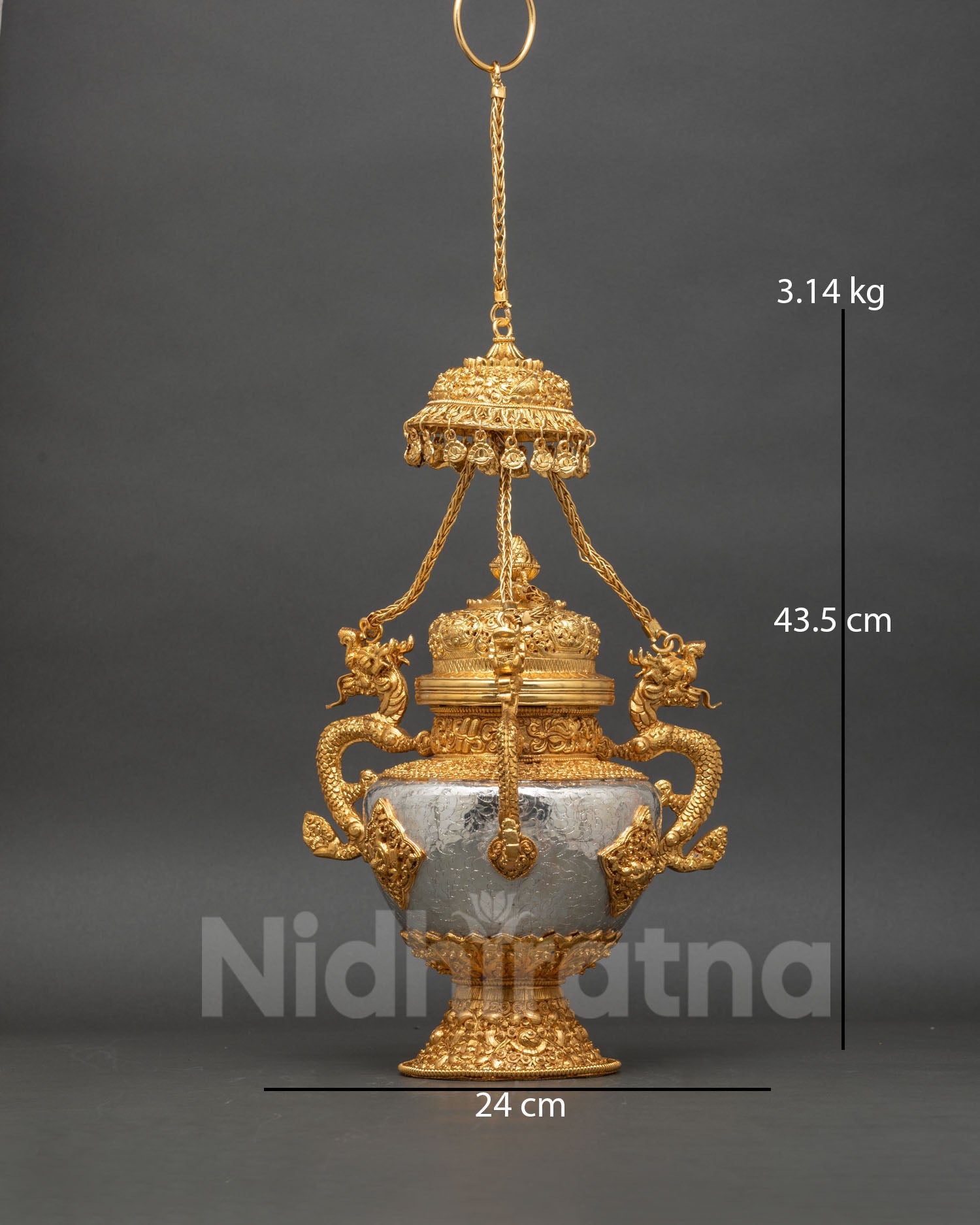 Front view Tibetan Sangbur incense burner gold and silver plated copper with dragon handle