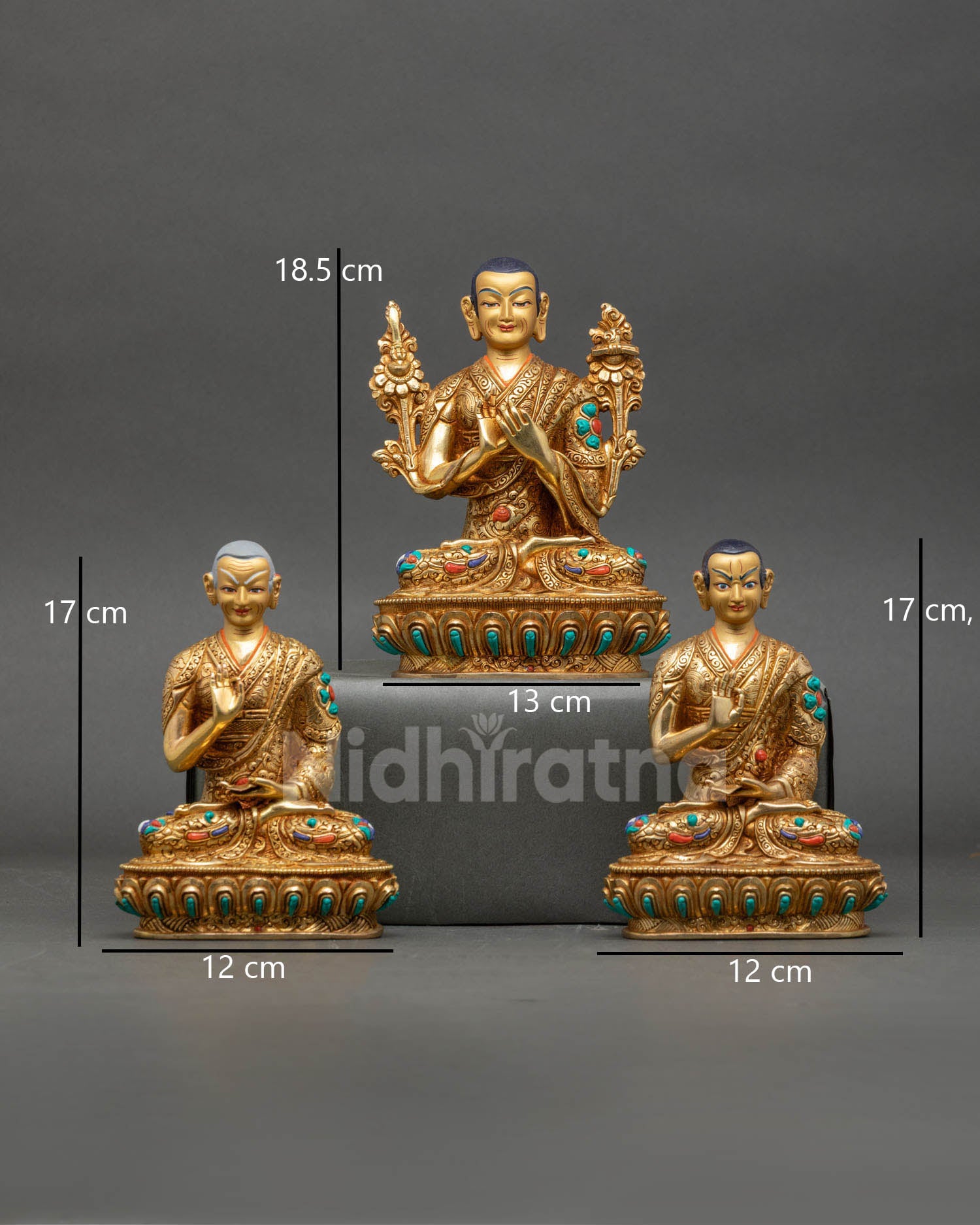 Front view Tsongkhapa set statue Nepalese copper 24K gold semi precious stones