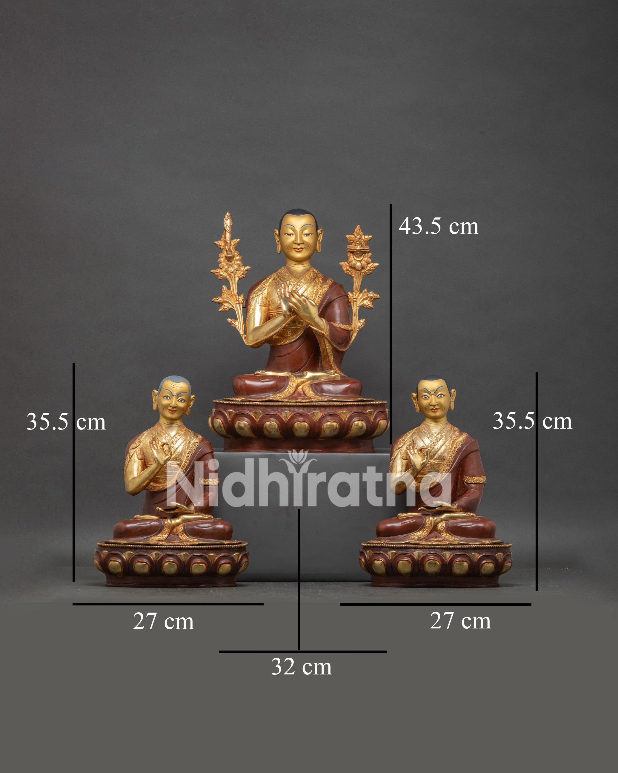 Front view of Tsongkhapa statue set handmade copper Buddhist altar art from Nepal gold gilded oxidized finish 24K gold painted face Gelug founder