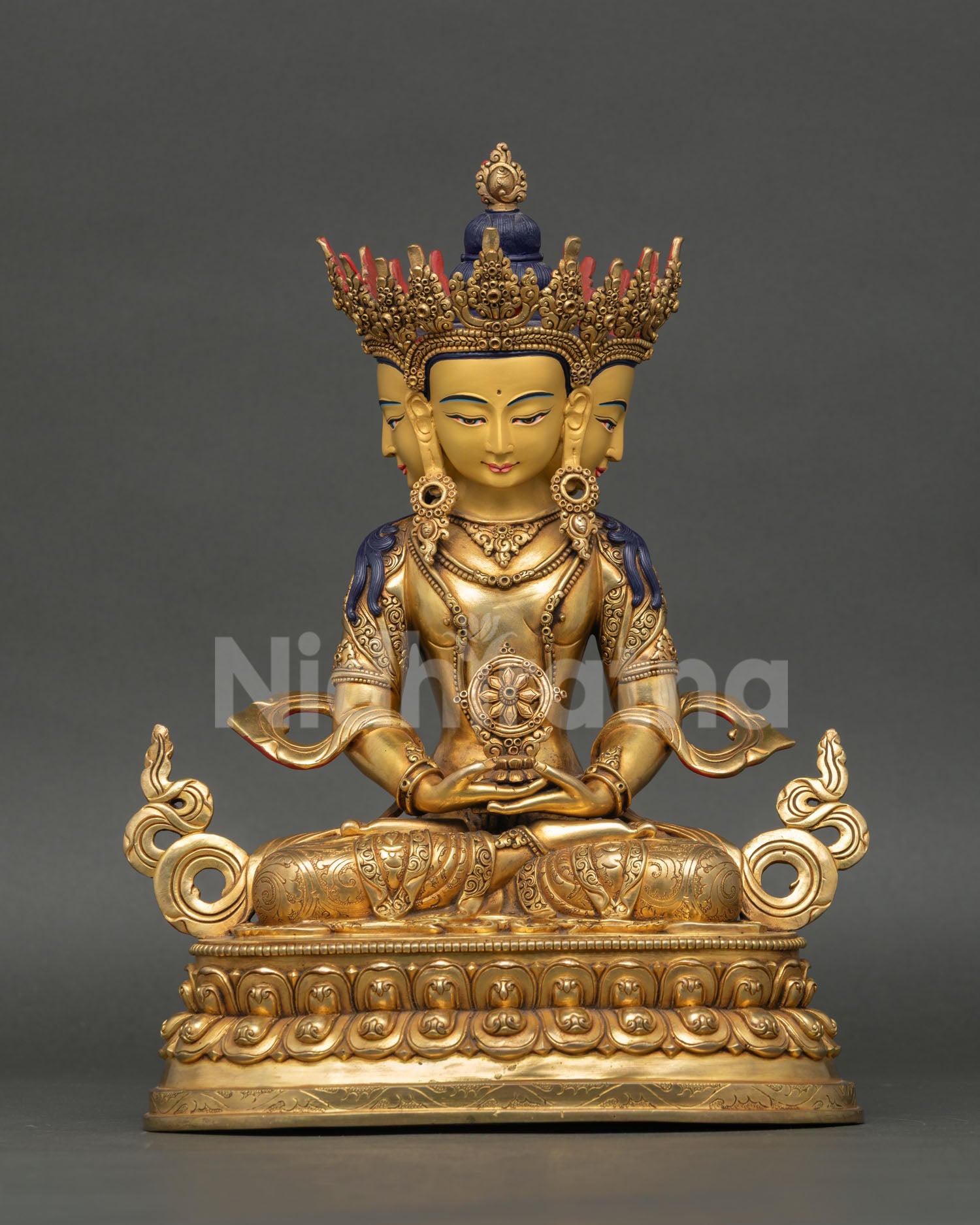 Front view vairocana buddha statue, copper lost-wax casting with gold fire-gilded lotus pedestal