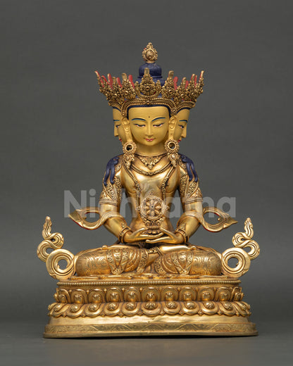 Front view vairocana buddha statue, copper lost-wax casting with gold fire-gilded lotus pedestal