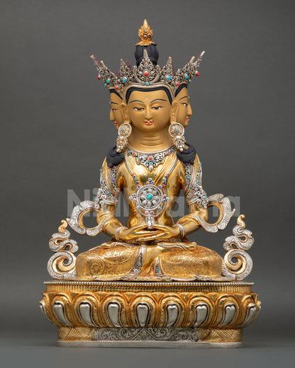 Front view of Vairocana Buddha statue Nepal handcrafted lost wax casting 24K gold gilded silver plated details lotus pedestal four faces