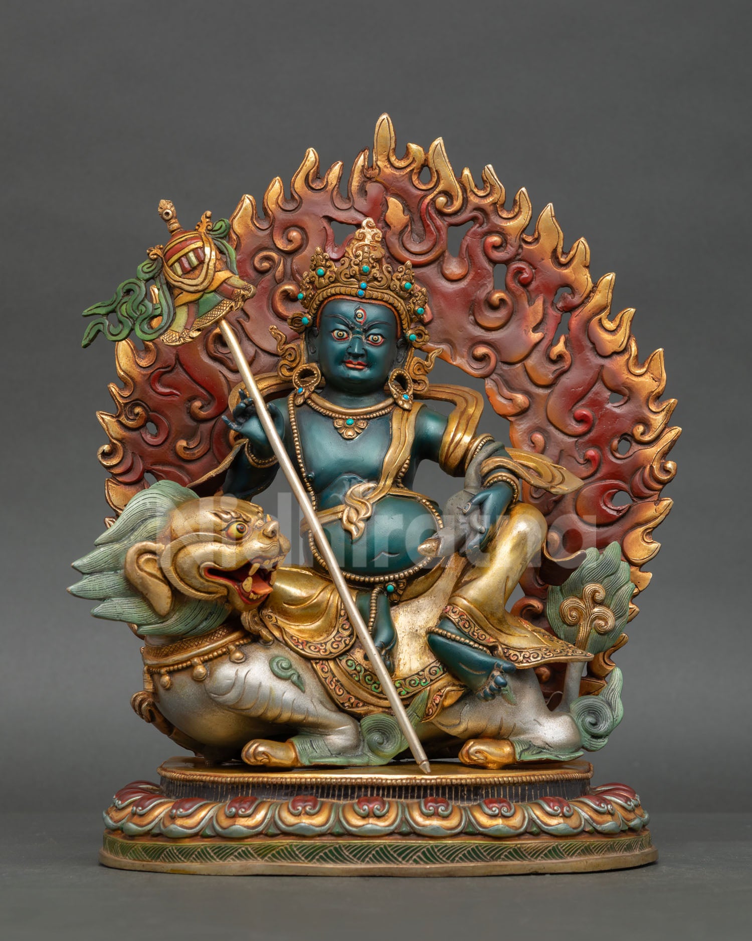 Front view Vaiśravaṇa Namtoshe statue Nepalese copper deity seated on snow lion with wealth symbols and halo detail