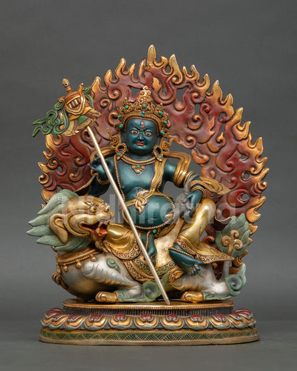 Front view Vaiśravaṇa Namtoshe statue Nepalese copper deity seated on snow lion with wealth symbols and halo detail