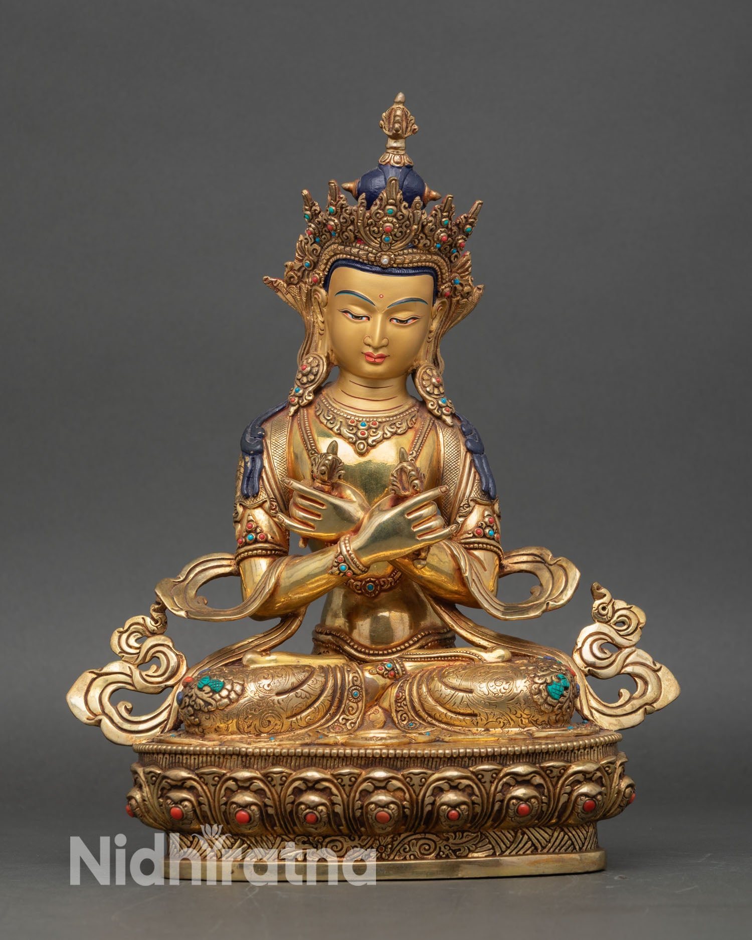 Front view of Vajradhara statue 24K gold gilded copper lotus seat Newari art