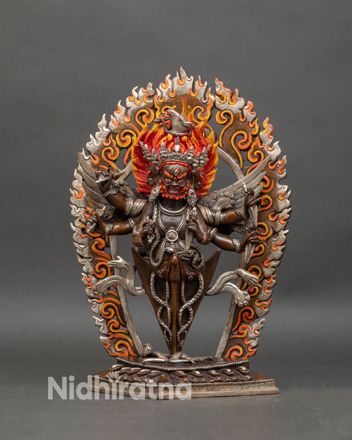 Front view Vajrakilaya statue handmade copper oxidized silver-plated Himalayan Buddhist art Nepal