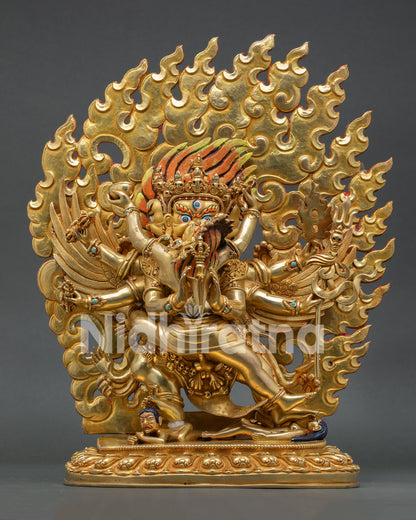 Front view of Vajrakilaya statue with consort gold fire gilded copper art Nepal