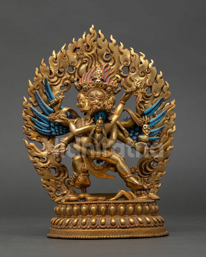 Front view Vajrakilaya wrathful protector statue handcrafted in Nepal copper with gold fire gilding for Buddhist altar decor