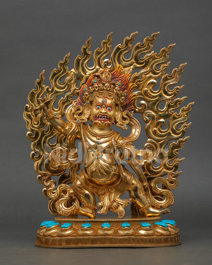 Front view Vajrapani Chana Dorje statue handmade in copper with 24K gold gilding and semi precious stones from Nepal