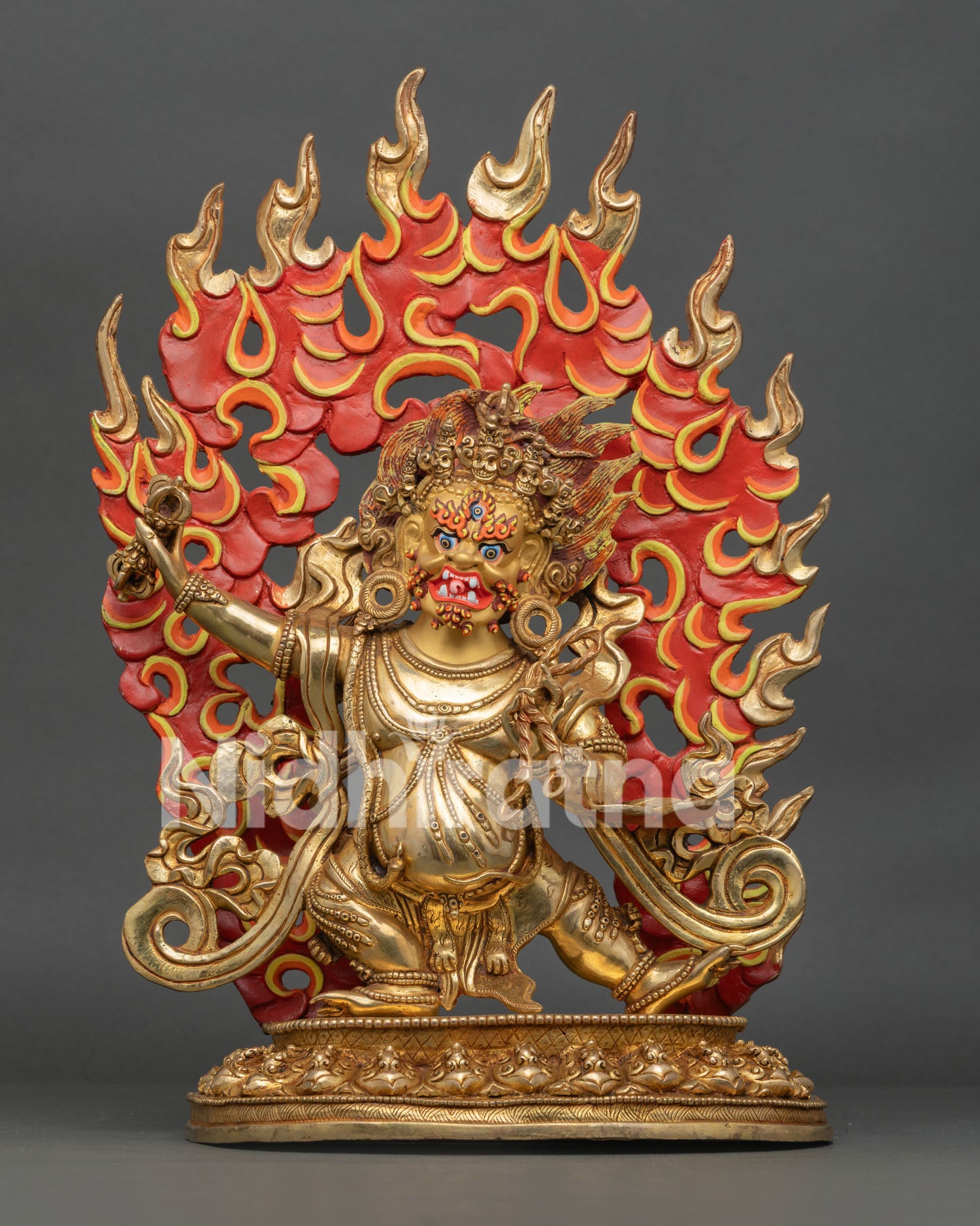 Front View of Vajrapani Statue, 24K Gold Fire Gilded Copper, Chana Dorje Wrathful Protector Deity