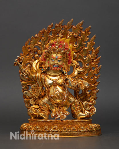 front view vajrapani statue dancing wrathful protector bodhisattva copper gold gilded flame halo nepal