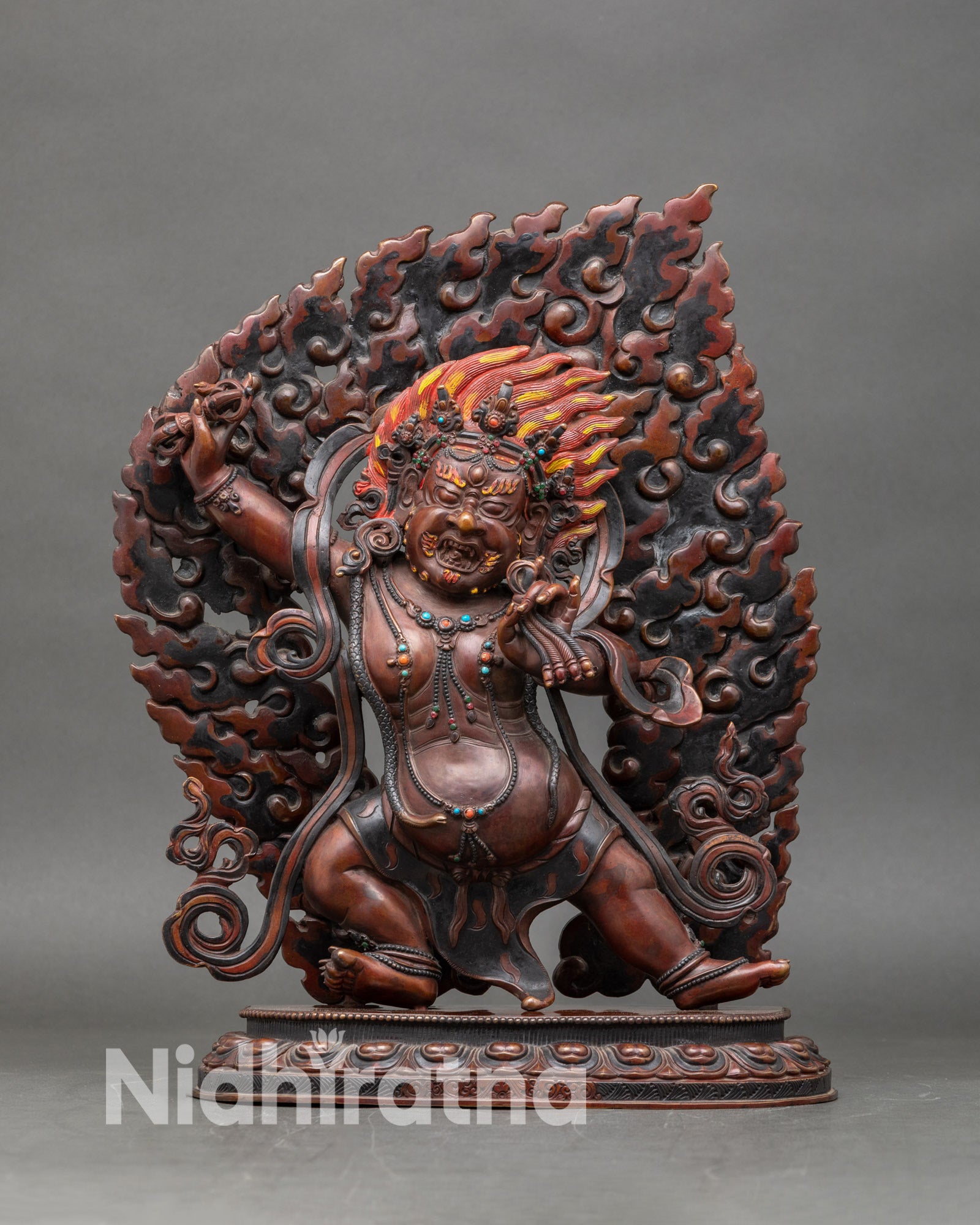 Front view of Vajrapani statue gold gilded copper handcrafted Nepalese Buddhist art