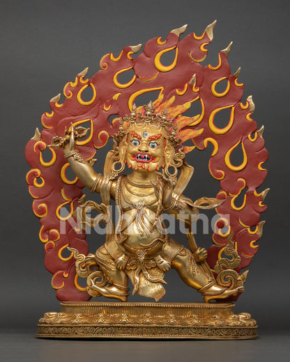 Front view of Vajrapani statue, handmade in oxidized copper with gold painted face